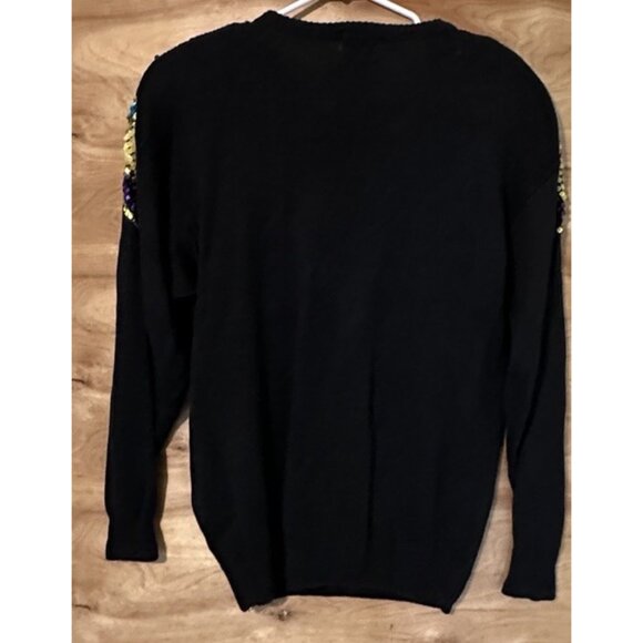 Vtg Knit Concepts Women Med Sweater Black Sequin Retro Disco 80s Shoulder Pads - Picture 2 of 8